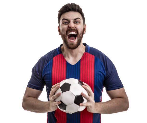 istock Fan / Sport Player on blue and red uniform celebrating on white background 912585658