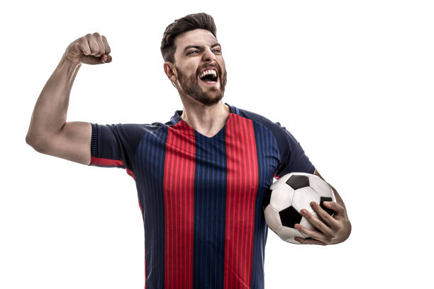 istock Fan / Sport Player on blue and red uniform celebrating on white background 912585664