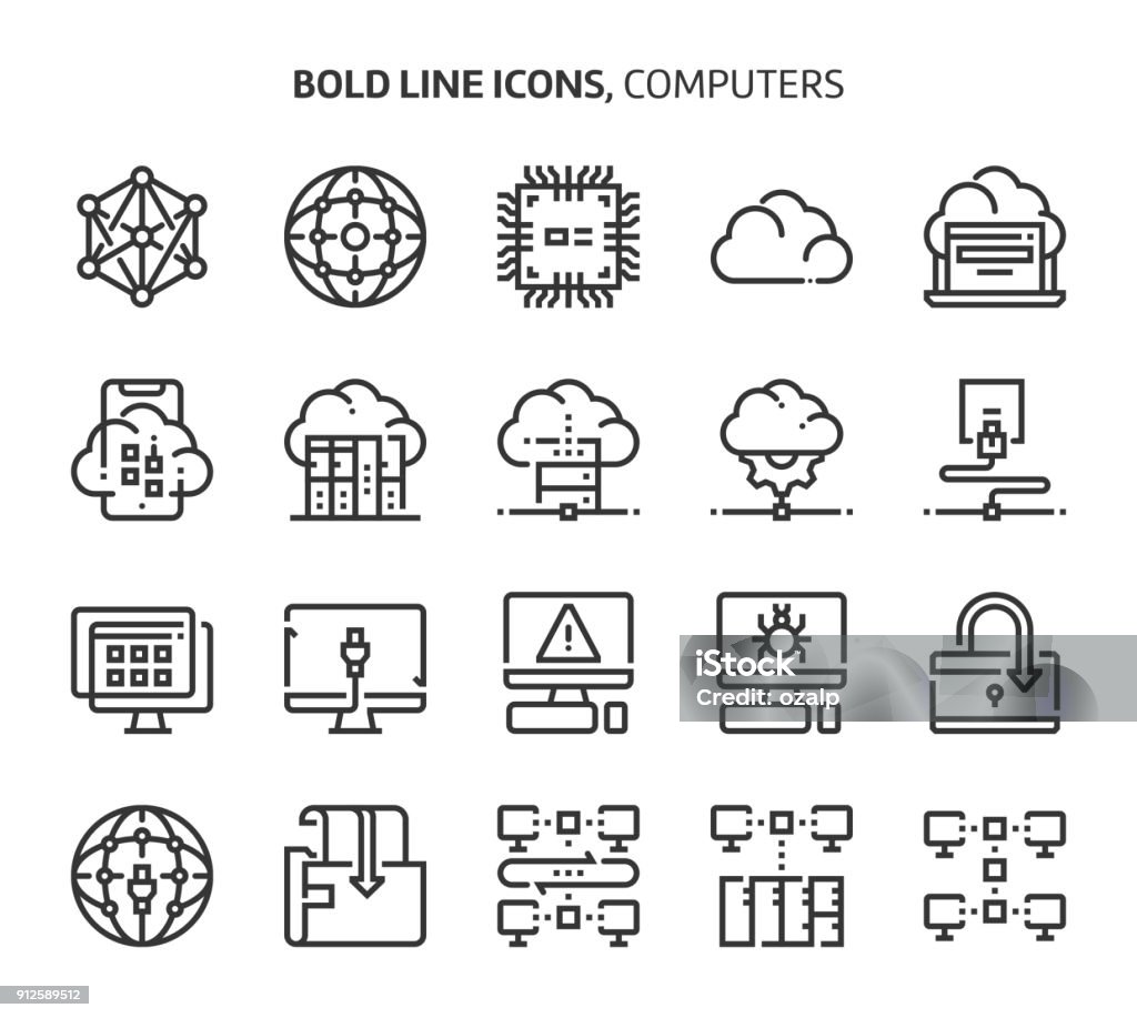 Computer und Vernetzung, kühne Linie Symbole. - Lizenzfrei Cloud Computing Vektorgrafik