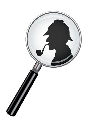 A realistic magnifying glass design with a Sherlock Holmes silhouette isolated on a white background