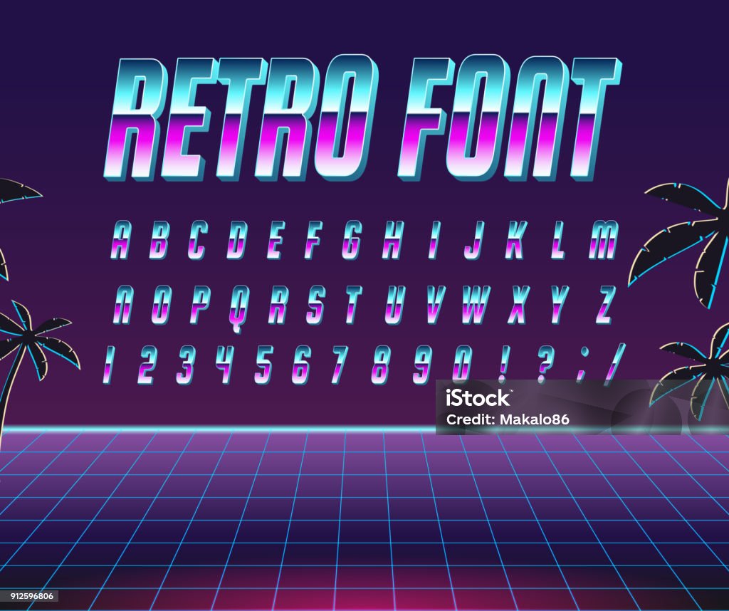 Font style 80’s. Color, bright font in the old style. Vector, vintage alphabet. Style 80’s, 90’s retro posters. Color gradient. 1980-1989 stock vector