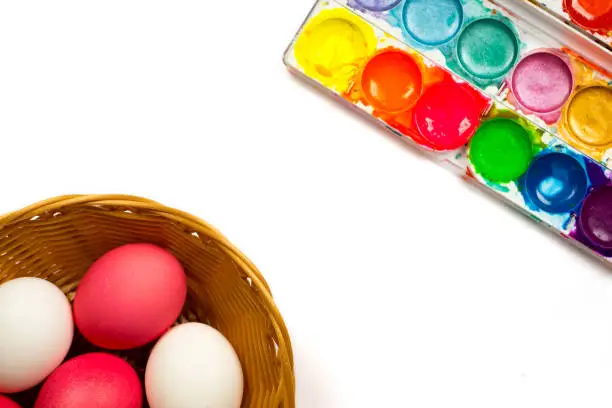 easter background, colorful eggs in basket and water colors