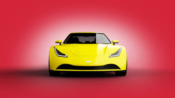 istock yellow sports car on red background 912607350