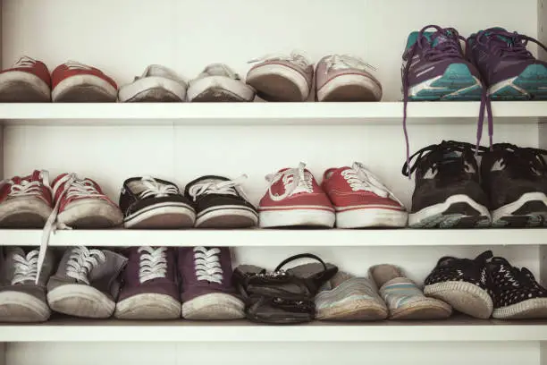 Different pairs of shoes on one shelf
