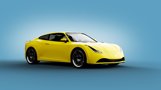 yellow sports car on blue background, photorealistic 3d render, generic design, non-branded