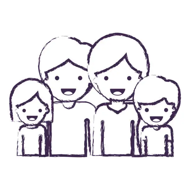 Vector illustration of half body people with woman and girl and man and boy with short hair in blue blurred contour