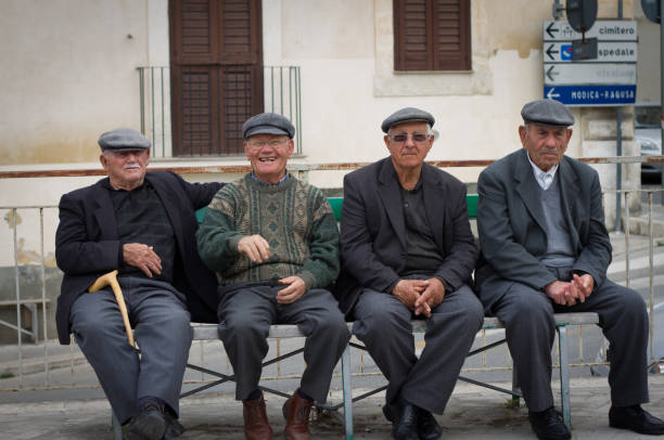 scicli (ragusa province), sicily: portrait four senior men - scicli imagens e fotografias de stock