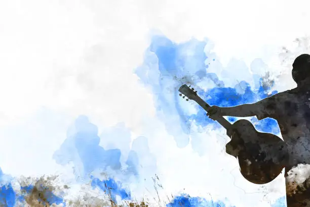 Photo of Abstract beautiful holding Guitar in the foreground on Watercolor painting background and Digital illustration brush to art.