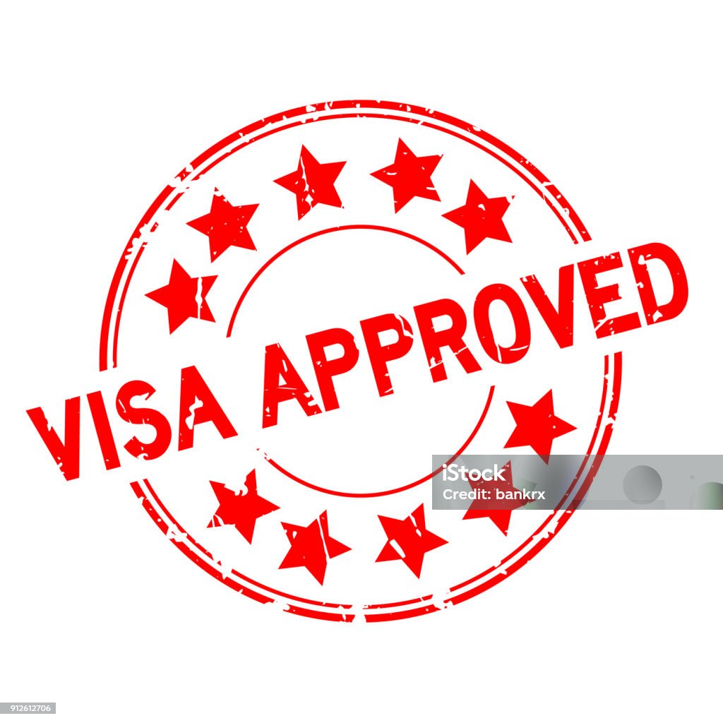 Grunge red visa approved with star icon round rubber seal stamp on white background Passport Stamp stock vector