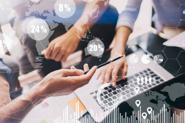 istock Concept of digital diagram,graph interfaces,virtual screen,connections icon on blurred background. Business meeting process.Female and male hands pointing, typing laptop computer.Horizontal. 912613286