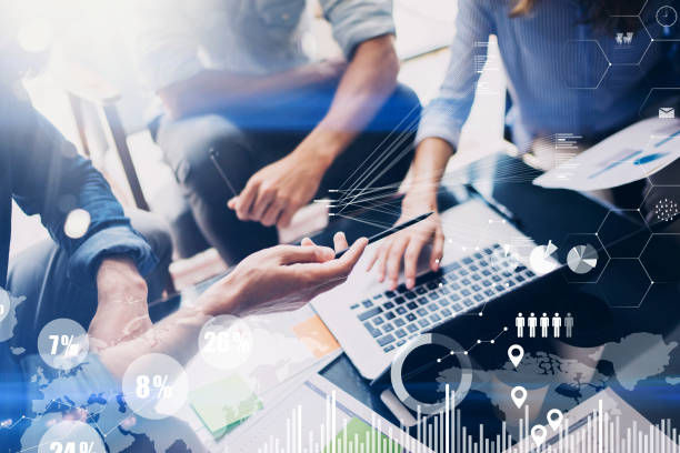 istock Concept of digital diagram,graph interfaces,virtual screen,connections icon on blurred background.Business meeting process.Horizontal.Cropped. 912613386