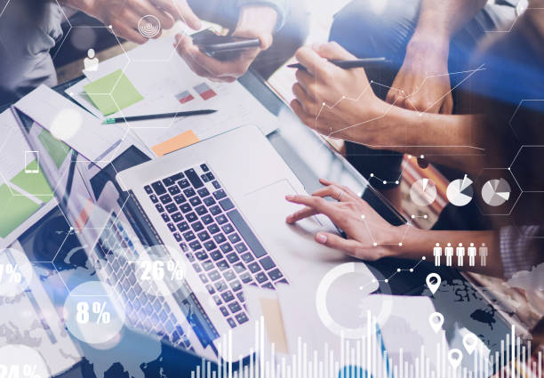 istock Concept of digital diagram,graph interfaces,virtual screen,connections icon on blurred background.Business meeting process.Woman typing laptop computer keyboard.Horizontal.Cropped. 912613574