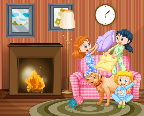 Three girls and dog in living room illustration