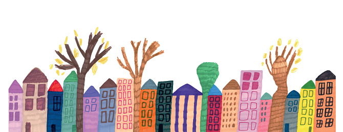Hand coloured buildings and trees in a row. Felt tip pen art