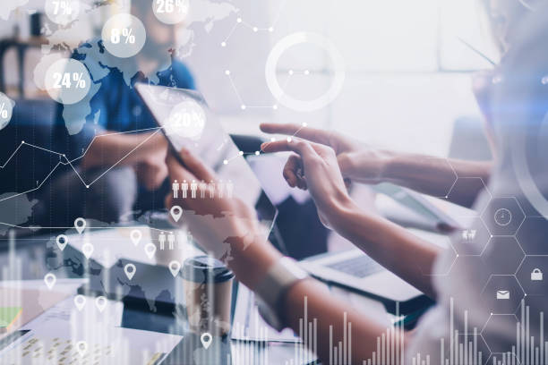 istock Concept of digital diagram,graph interfaces,virtual screen,connections icon on blurred background.Business meeting process.Woman pointing to touch tablet display.Horizontal.Cropped. 912617224