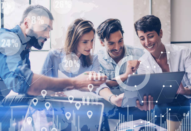 istock Concept of digital diagram,graph interfaces,virtual screen,connections icon on blurred background.Group of colleagues working with startup project in modern office..Horizontal. 912617346