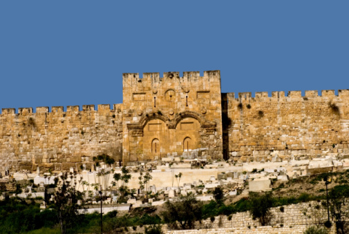 The Golden Gate in the walls around the old city of Jerusalem.