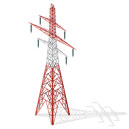 Vector high voltage pylon on white background in isometric perspective. Red and white 3d metal pole voltage, isolated background. Industrial illustration. Power line pylon with safety lock.