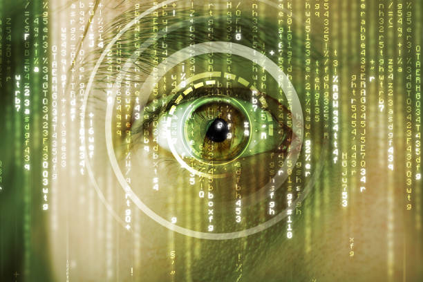 istock Modern cyber soldier with target matrix eye 912624820