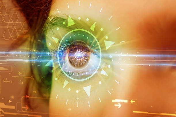 istock Cyber girl with technolgy eye looking into blue iris 912624932