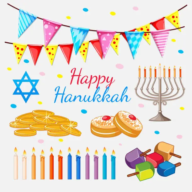 Vector illustration of Happy Hannukkah theme with golden coins and candles
