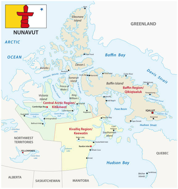 ilustraciones, imágenes clip art, dibujos animados e iconos de stock de mapa de vector administrativo y político de nunavut con bandera - saskatchewan province canada flag