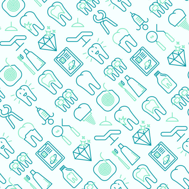 Dentist seamless pattern with thin line icons of tooth, implant, dental floss, crown, toothpaste, medical equipment. Modern vector illustration. Dentist seamless pattern with thin line icons of tooth, implant, dental floss, crown, toothpaste, medical equipment. Modern vector illustration. dentist backgrounds stock illustrations