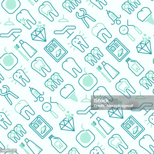 Dentist Seamless Pattern With Thin Line Icons Of Tooth Implant Dental Floss Crown Toothpaste Medical Equipment Modern Vector Illustration Stock Illustration - Download Image Now