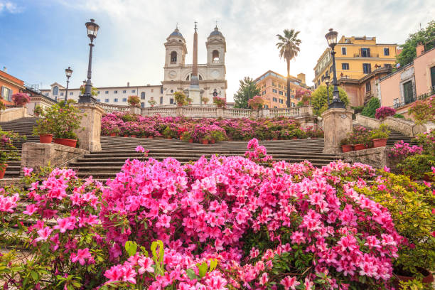 degraus espanhóis no trinità dei monti com azáleas ao nascer do sol, roma, itália - piazza di spagna - fotografias e filmes do acervo