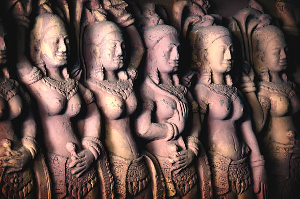 A line of statues outside a Buddhist temple in Siam Reap in Cambodia