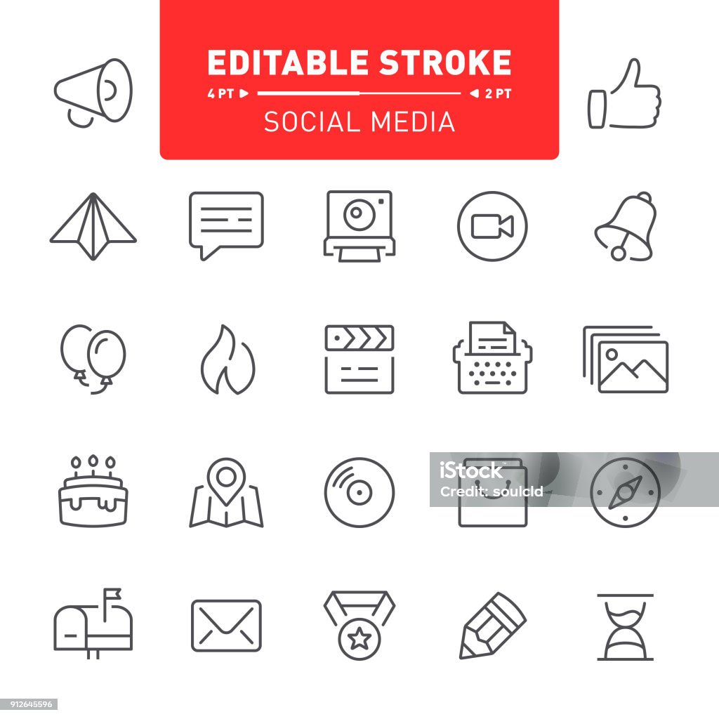 Social Media Icons Social media, web, media, editable stroke, outline, icon set, megaphone, icon, paper plane, typewriter Icon Symbol stock vector