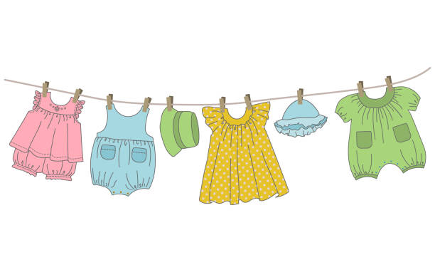 baby kleidung aufhängen auf der wäscheleine - babybekleidung stock-grafiken, -clipart, -cartoons und -symbole