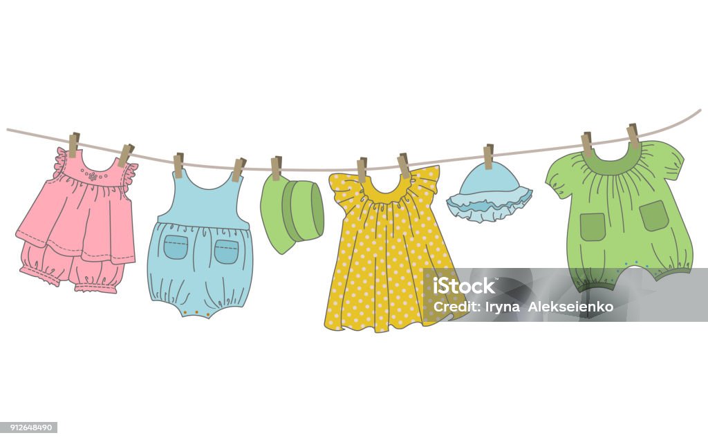 Baby clothing hang on the clothesline Baby clothing hang on the clothesline. Things are dried on clothespins after washing. Vector illustration. Baby Clothing stock vector