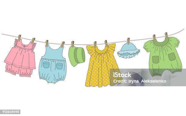 Baby Clothing Hang On The Clothesline Stock Illustration - Download Image Now - Baby Clothing, Clothesline, Baby - Human Age