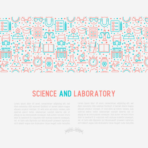 ilustraciones, imágenes clip art, dibujos animados e iconos de stock de laboratorio de ciencia y concepto con los iconos de la delgada línea del científico, adn, microscopio, balanzas, imán, respirador, lámpara de alcohol. ilustración de vector de banner, página web, medios impresos. - beaker laboratory weight scale physics