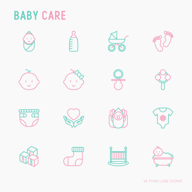 Baby care thin line icons set: newborn, diaper, pacifier, crib, footprints, bathtub with bubbles. Vector illustration. Baby care thin line icons set: newborn, diaper, pacifier, crib, footprints, bathtub with bubbles. Vector illustration. bean bag illustrations stock illustrations