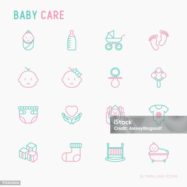 Baby Care Thin Line Icons Set Newborn Diaper Pacifier Crib Footprints Bathtub With Bubbles Vector Illustration Stock Illustration - Download Image Now