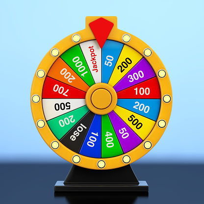 Luck and Fortune Concept. Spinning Colorful Fortune Wheel on a blue background. 3d Rendering
