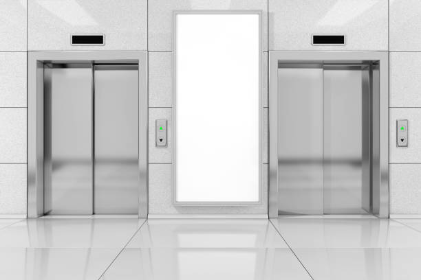 istock Blank Ad Billboard or Poster near Modern Elevator or Lift with Metal Doors in Office Building. 3d Rendering 912665518