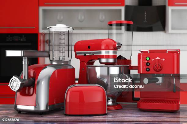 Kitchen Appliances Set Red Blender Toaster Coffee Machine Meat Ginder Food Mixer And Coffee Grinder 3d Rendering Stock Photo - Download Image Now