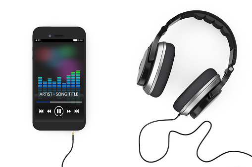 Headphones near Mobile Phone with Music Playlist on a white background. 3d Rendering.