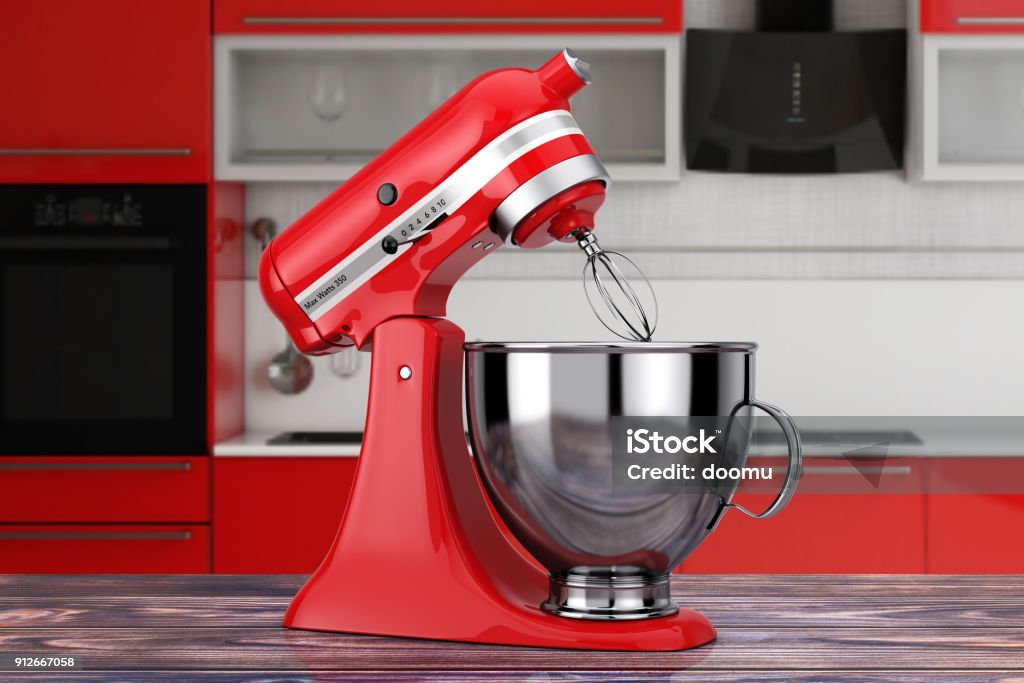 Red Kitchen Stand Food Mixer. 3d Rendering Red Kitchen Stand Food Mixer on a wooden table. 3d Rendering Electric Mixer Stock Photo