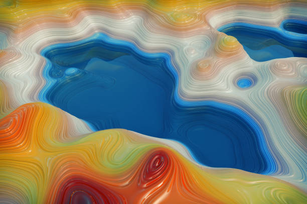 istock Abstract Multicolour Cartoon Lakes and Mountains Landscape Background. 3d Rendering 912669366