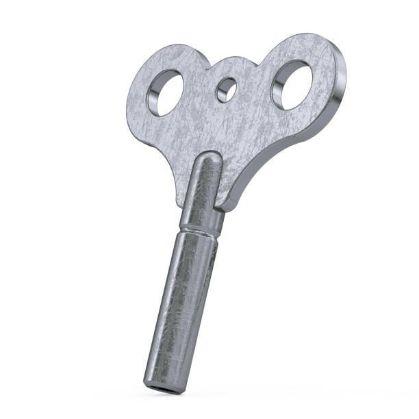 Old Metal Windup Key for Clock and Toys. 3d Rendering Old Metal Windup Key for Clock and Toys on a white background. 3d Rendering old wind up clocks stock pictures, royalty-free photos & images