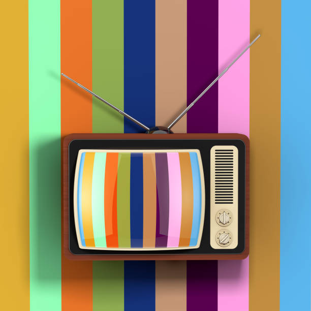 istock Classic Vintage Rare TV in front of Multicolour Wall. 3d Rendering 912672006