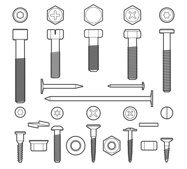 금속 파스 너 라인 아이콘을 설정 - nut blueprint work tool construction stock illustrations