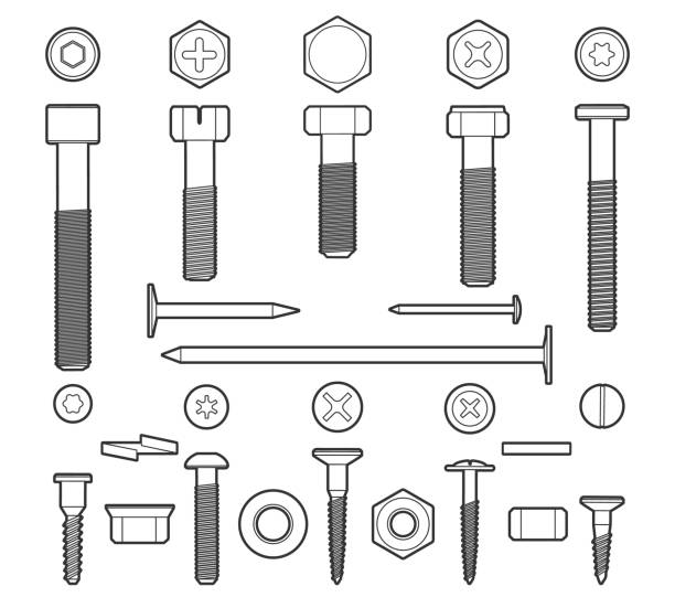 metalowe elementy złączne ikony linii zestaw - nut blueprint work tool construction stock illustrations