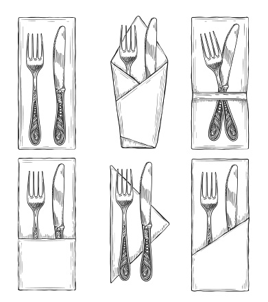 Cutlery on napkins sketch. Fork, knife and spoon on napkin set drawing, dinner table etiquette vector illustration