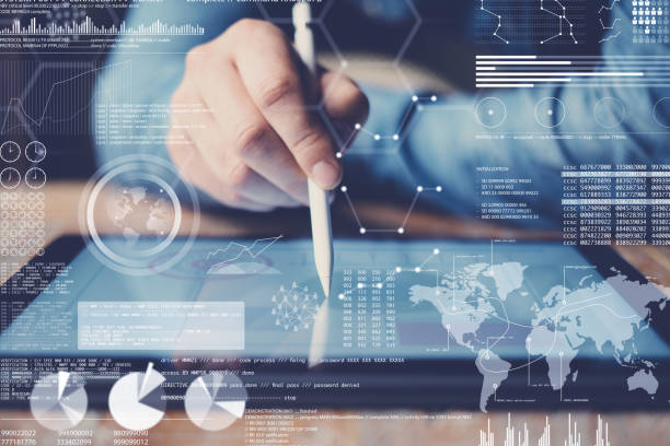istock Concept of virtual diagram,graph interfaces,digital display,connections icon.Man using stylus pencil on display of contemporary electronic tablet.Blurred background. Horizontal. 912689246