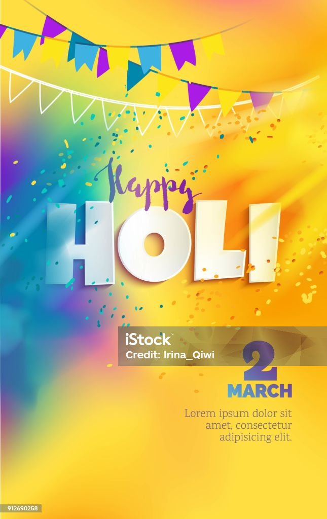 Happy Holi colores de fondo con nubes de polvo realista pintura y texto en 3d. - arte vectorial de Holi libre de derechos
